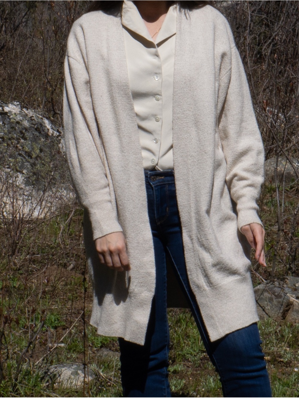 H&M Open-Front Cream Longline Women's Cardigan Sweater